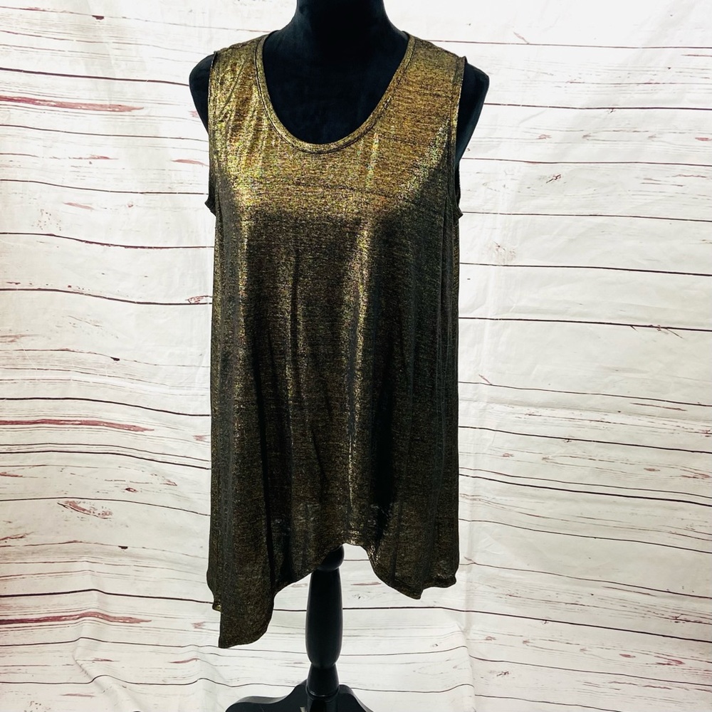Eileen fisher Top women’s M Gold Metallic Sleeveless 100% Linen Asymmetrical
